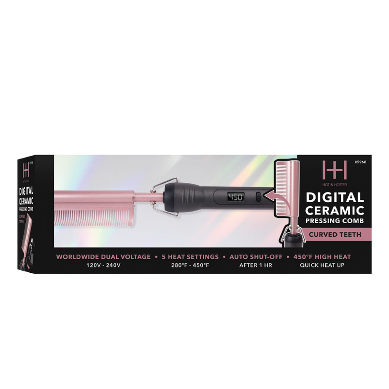 Hot & Hotter Digital Ceramic Pressing Comb Curved Teeth, 1 Count Hair Straightener, Rose Gold | Loc & Lovely Beauty Supply