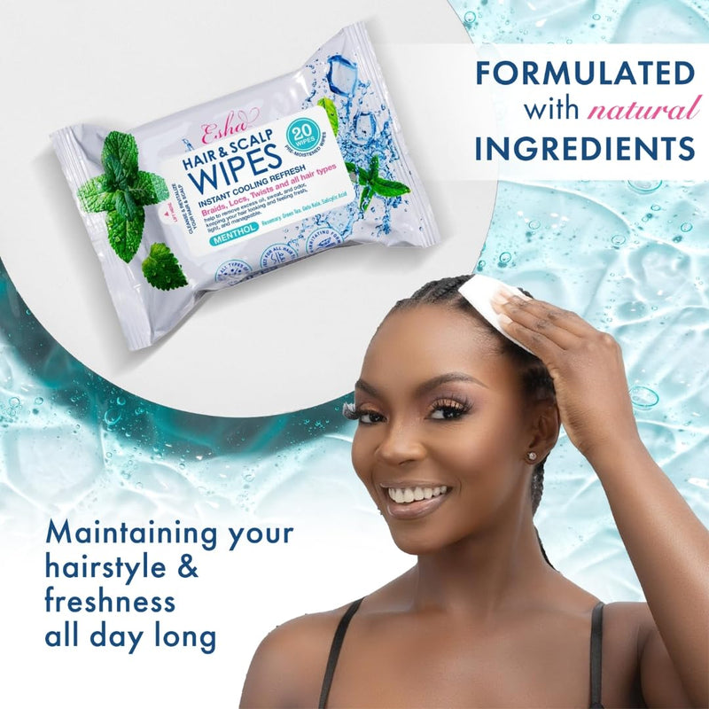 Esha Hair & Scalp Wipes Instant Cooling Refresh for Braids Locs Twists and All Hair Types | Loc & Lovely Beauty Supply