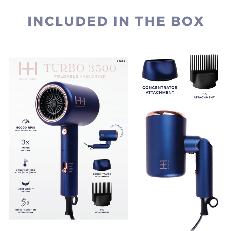 Hot & Hotter Turbo 3500 Foldable Hair Dryer, 1 Count Travel Dryer, Blue | Loc & Lovely Beauty Supply
