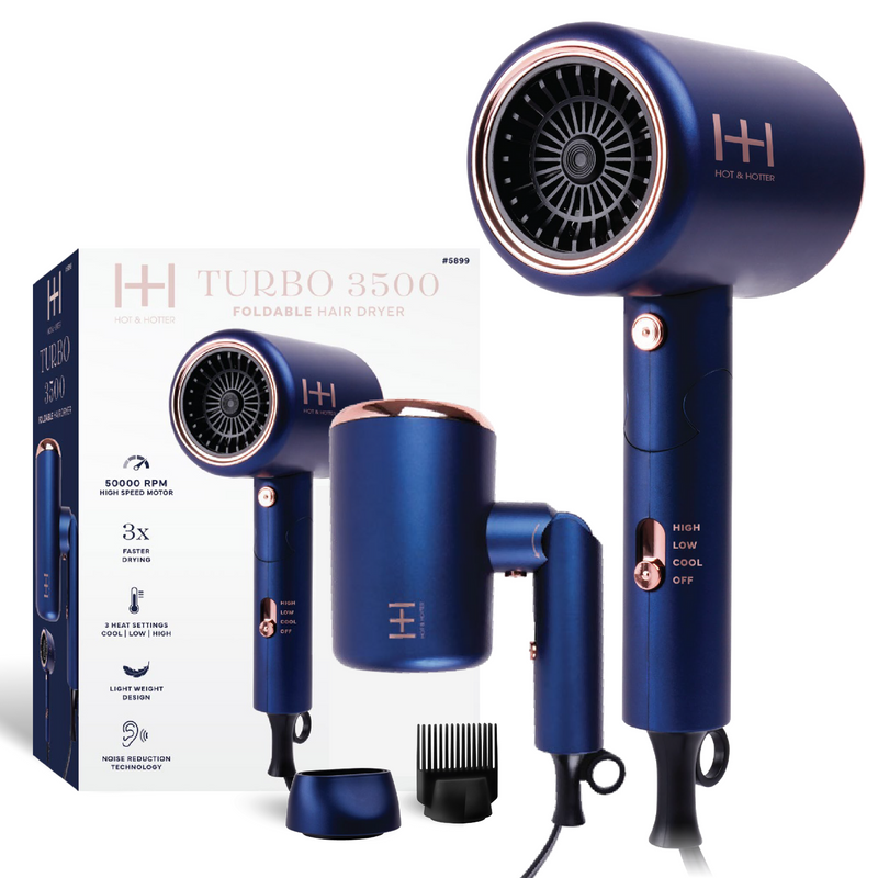 Hot & Hotter Turbo 3500 Foldable Hair Dryer, 1 Count Travel Dryer, Blue | Loc & Lovely Beauty Supply