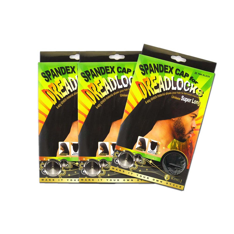 (3 Pack) King J Super Long Unisex Spandex Cap For Dreadlocks 706 BLACK | Loc & Lovely Beauty Supply